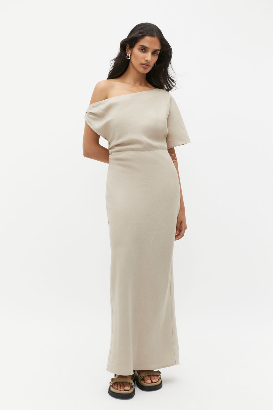 Linen Draped Shoulder Midi Dress  Cool Sand