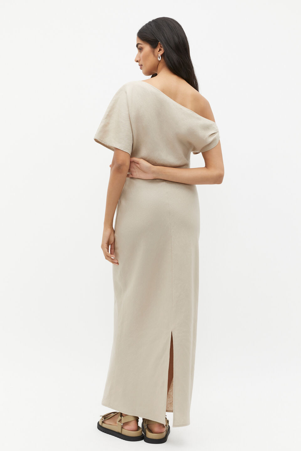 Linen Draped Shoulder Midi Dress  Cool Sand