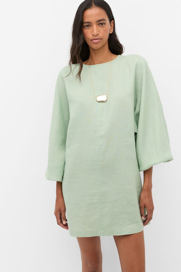 Linen Blouson Sleeve Dress  Eucalyptus  hi-res