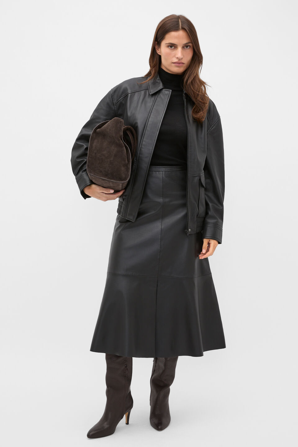 Leather Midi Split Front Skirt  Black