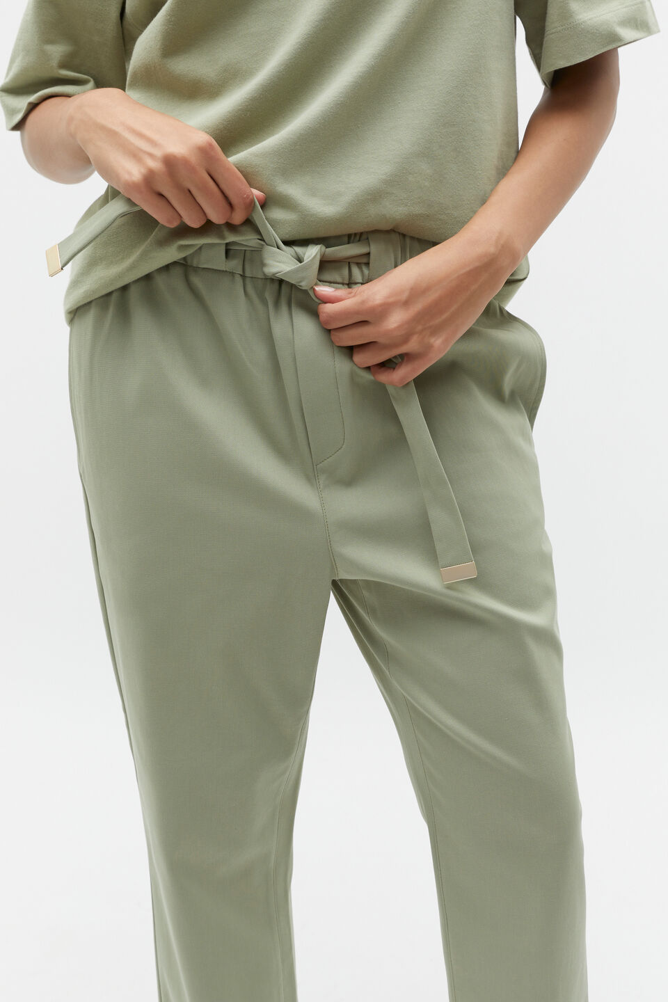 Tapered Leg Tie Pant  Pale Olive
