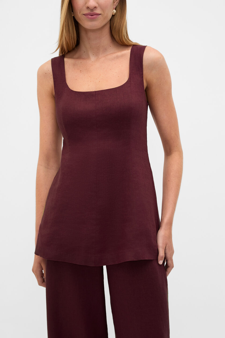 Linen Longline Waisted Top  Plum Red