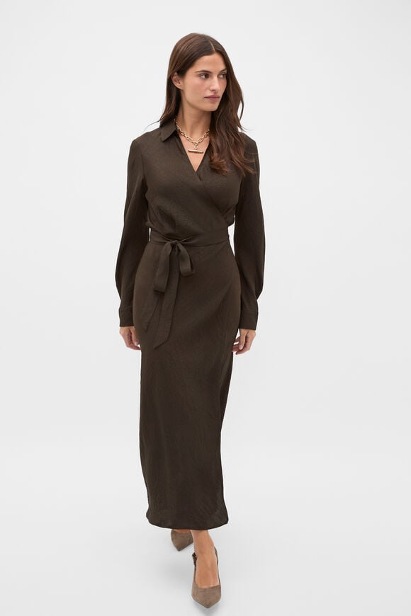 Textured Satin Wrap Shirt Dress  Coffee Bean  hi-res