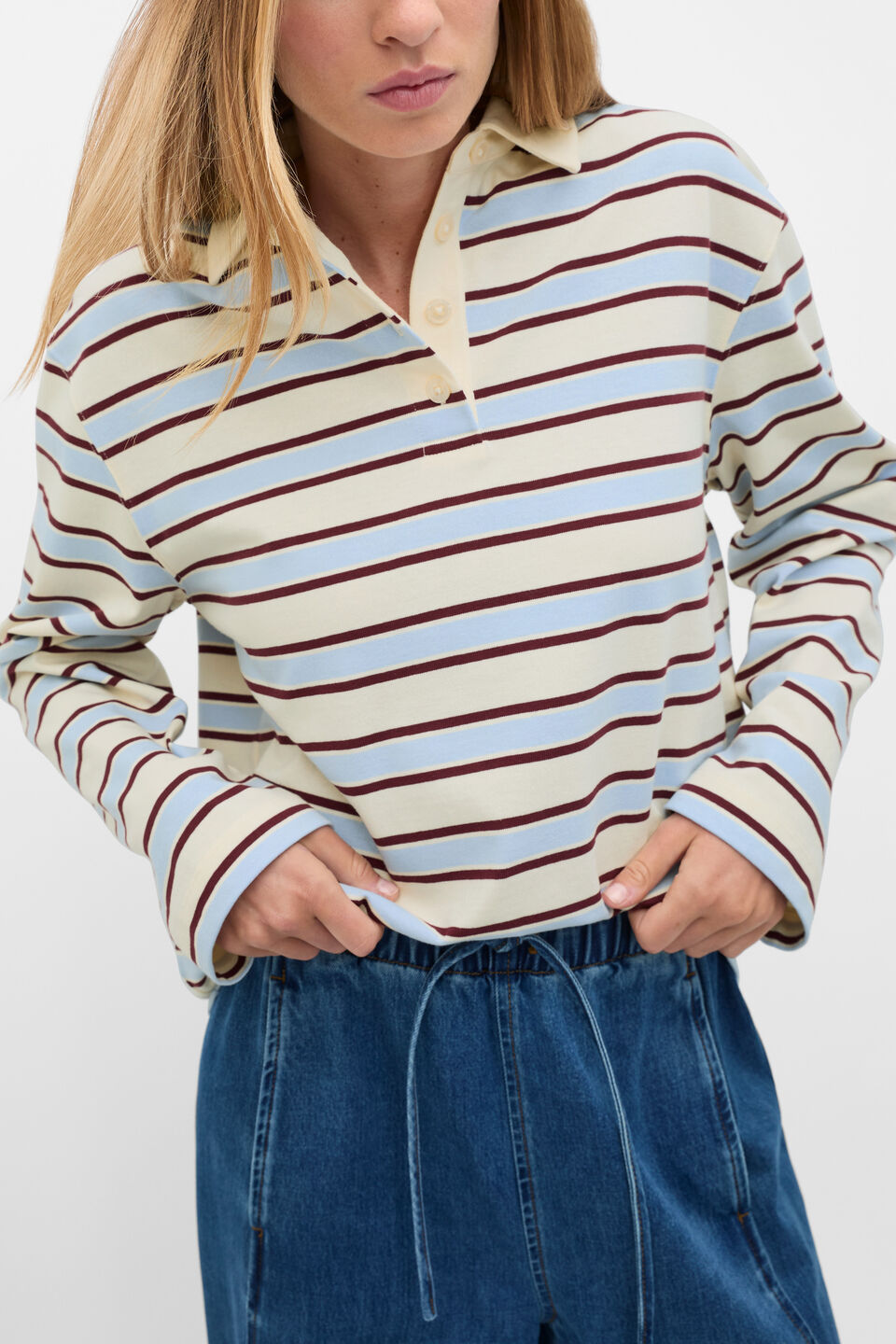Relaxed Cotton Rugby Polo Top  Arctic Blue Stripe