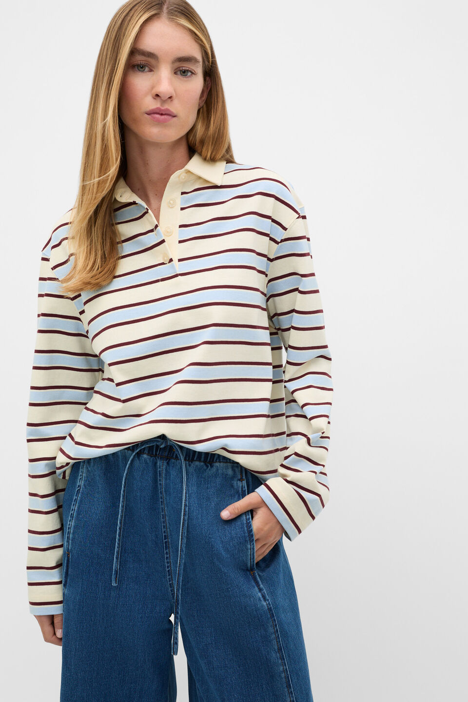 Relaxed Cotton Rugby Polo Top  Arctic Blue Stripe