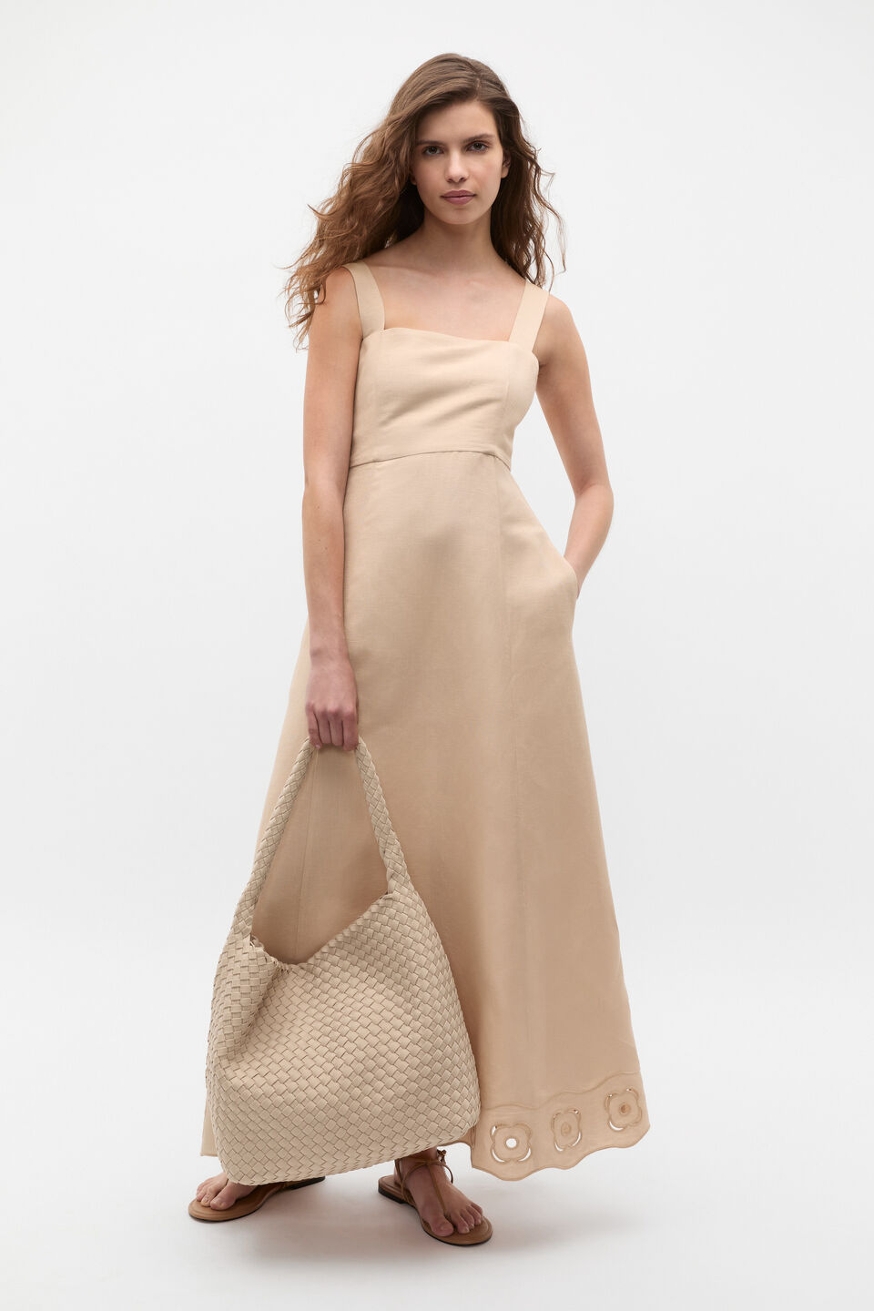 Retro Embroidered Midi Dress  Ecru