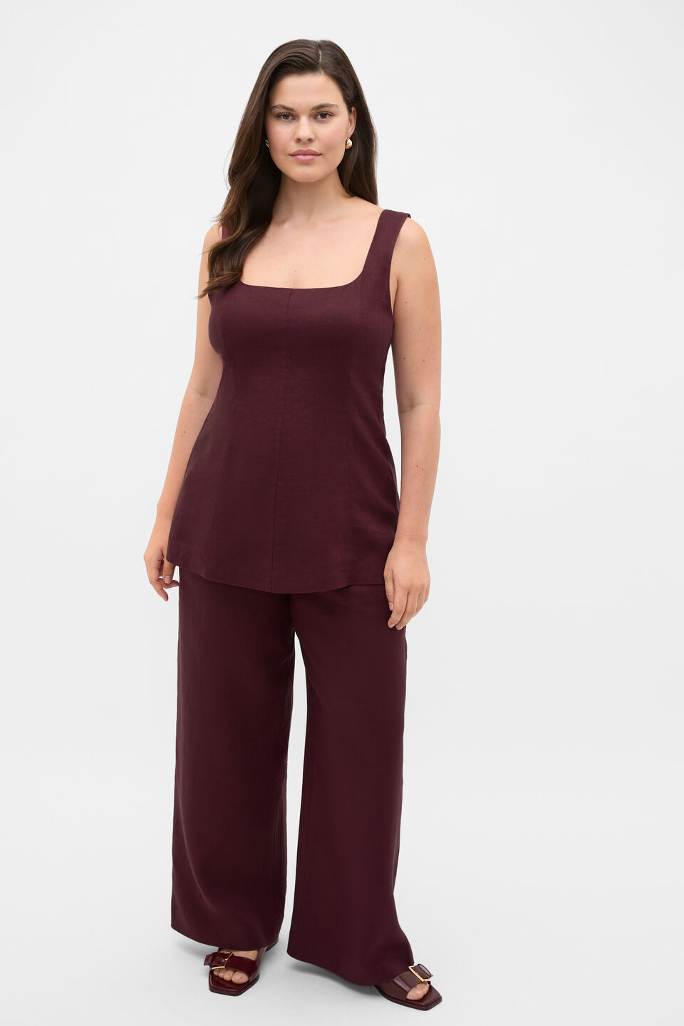 Linen Longline Waisted Top  Plum Red