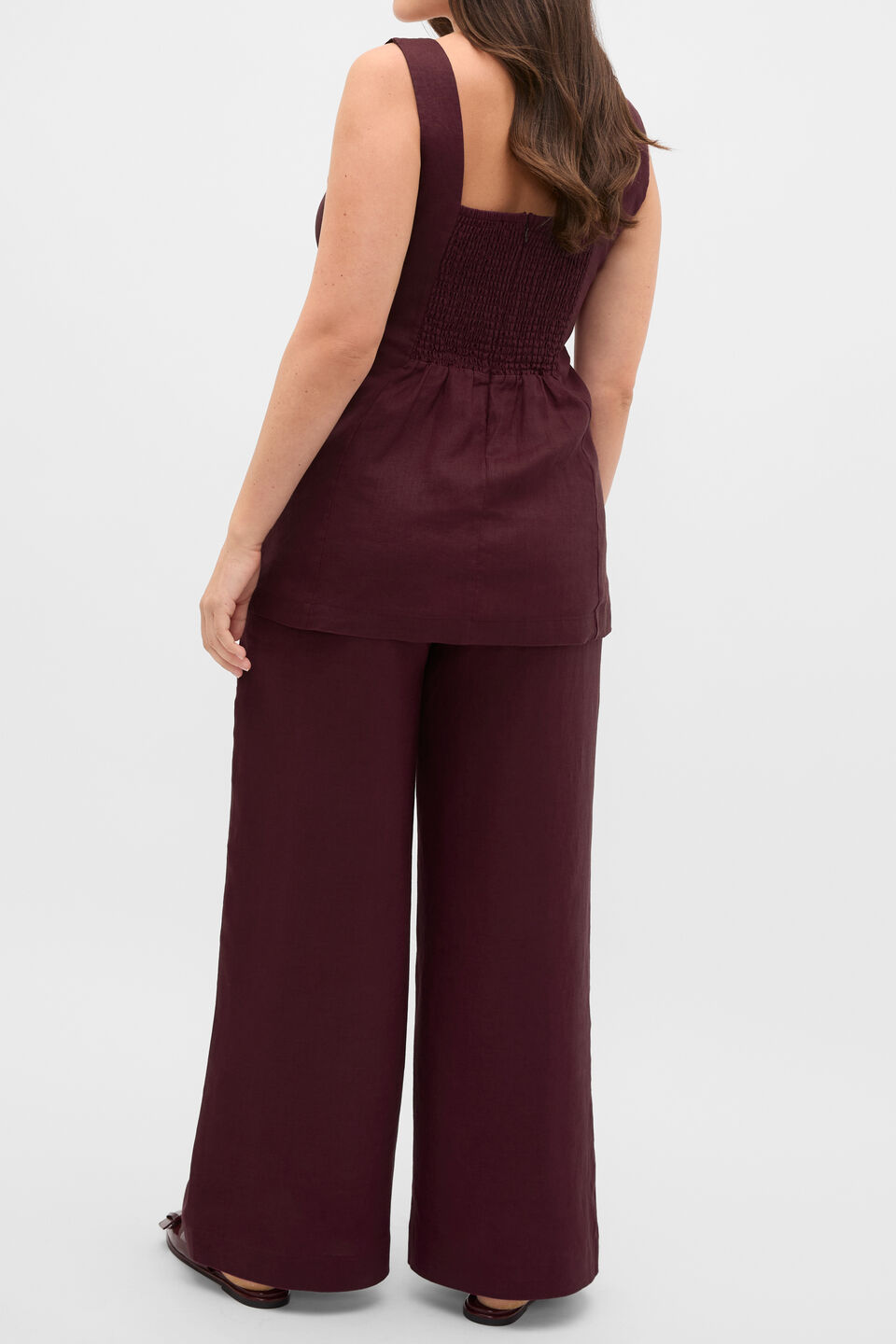 Linen Longline Waisted Top  Plum Red