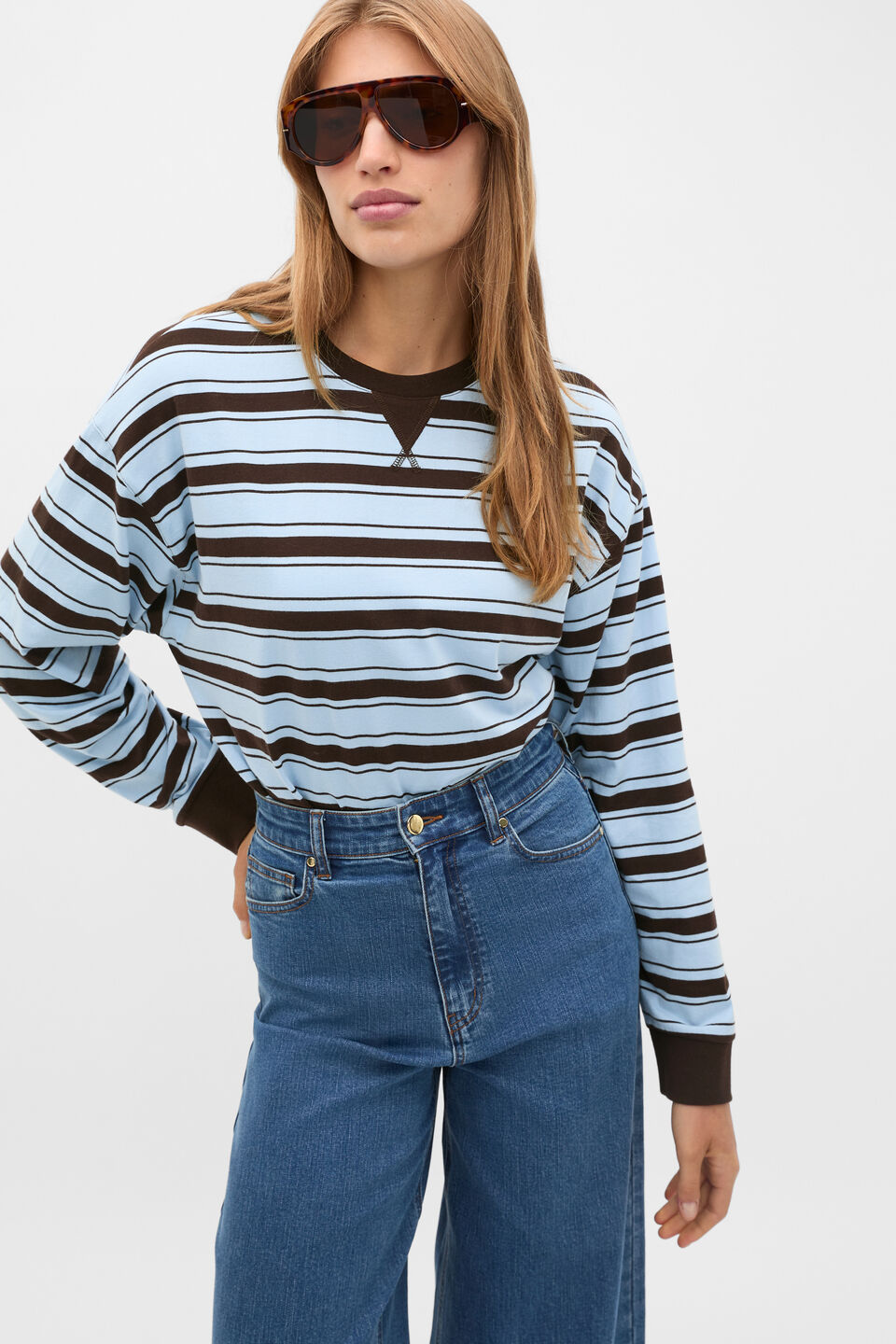 Slouchy Long Sleeve Striped Top  Soft Blue Stripe