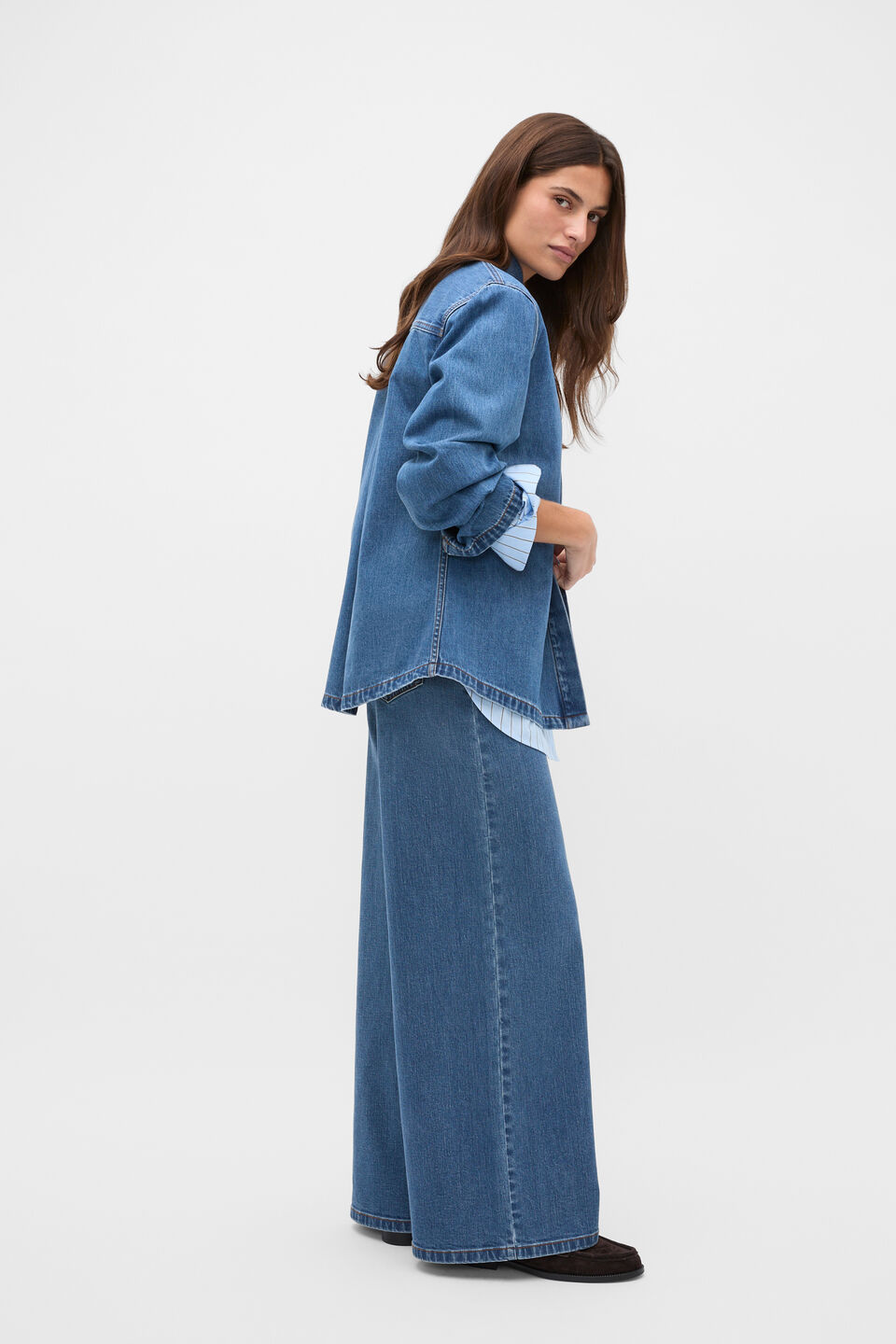 Denim Concealed Placket Shirt  Mid Indigo Denim