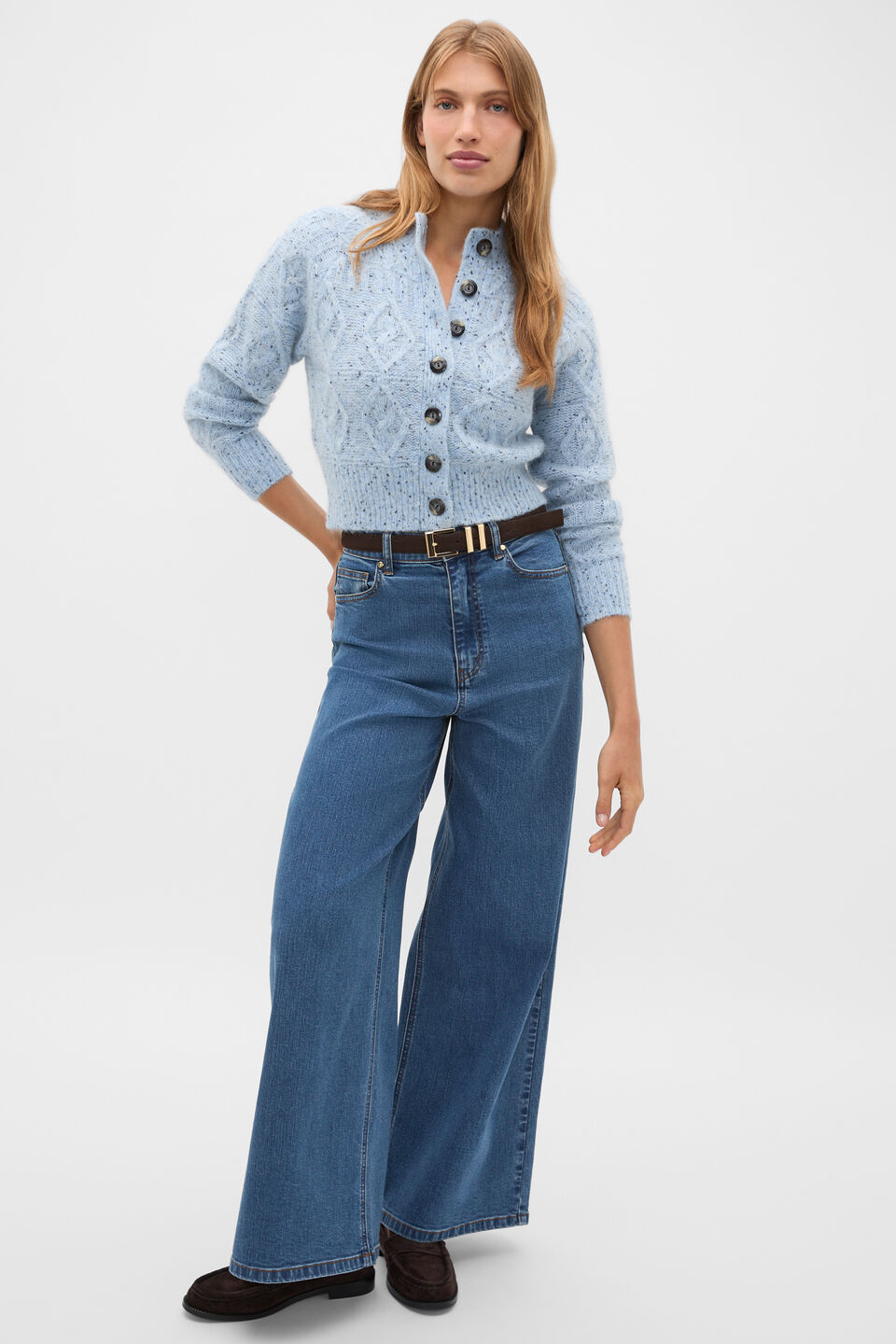 Diamond Cable Knit Cardigan  Soft Blue Marle