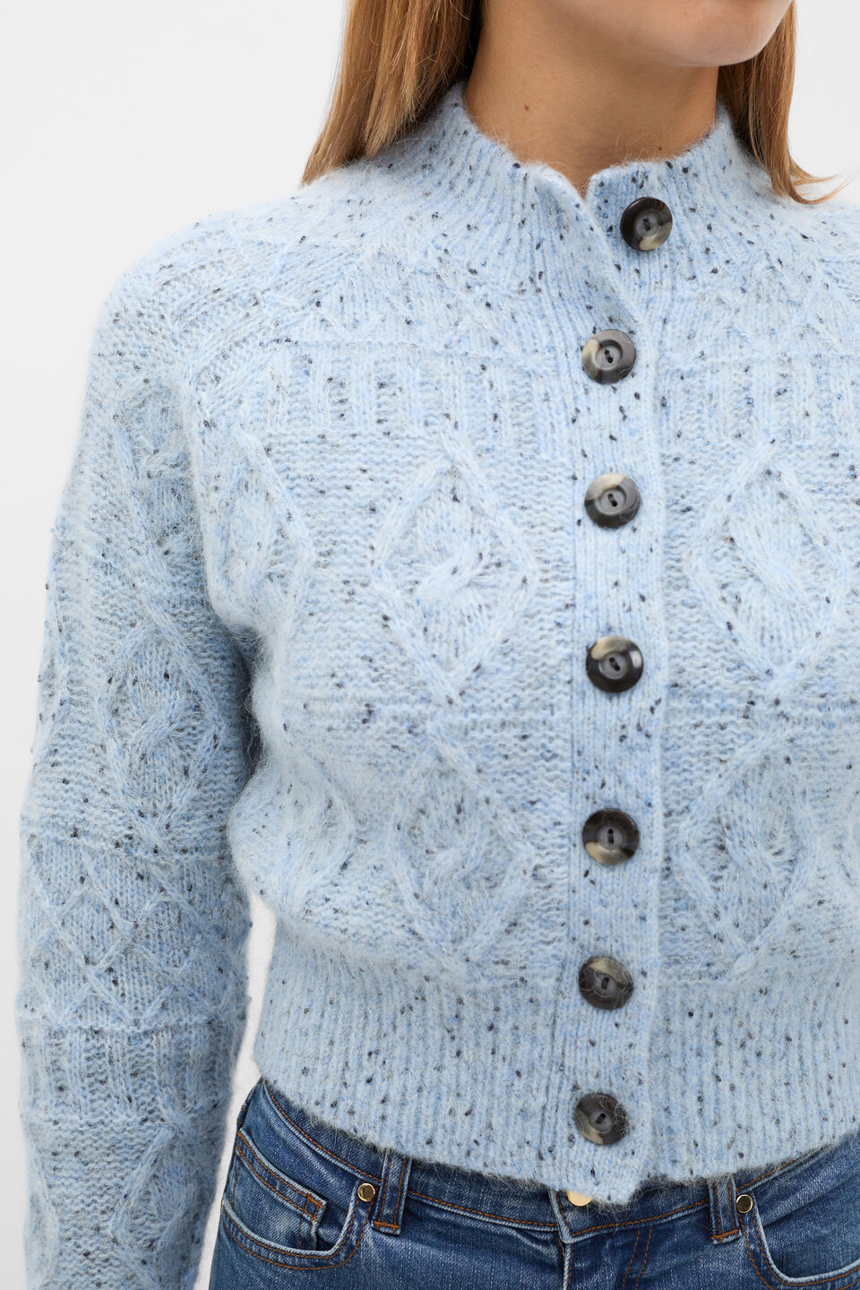 Diamond Cable Knit Cardigan  Soft Blue Marle