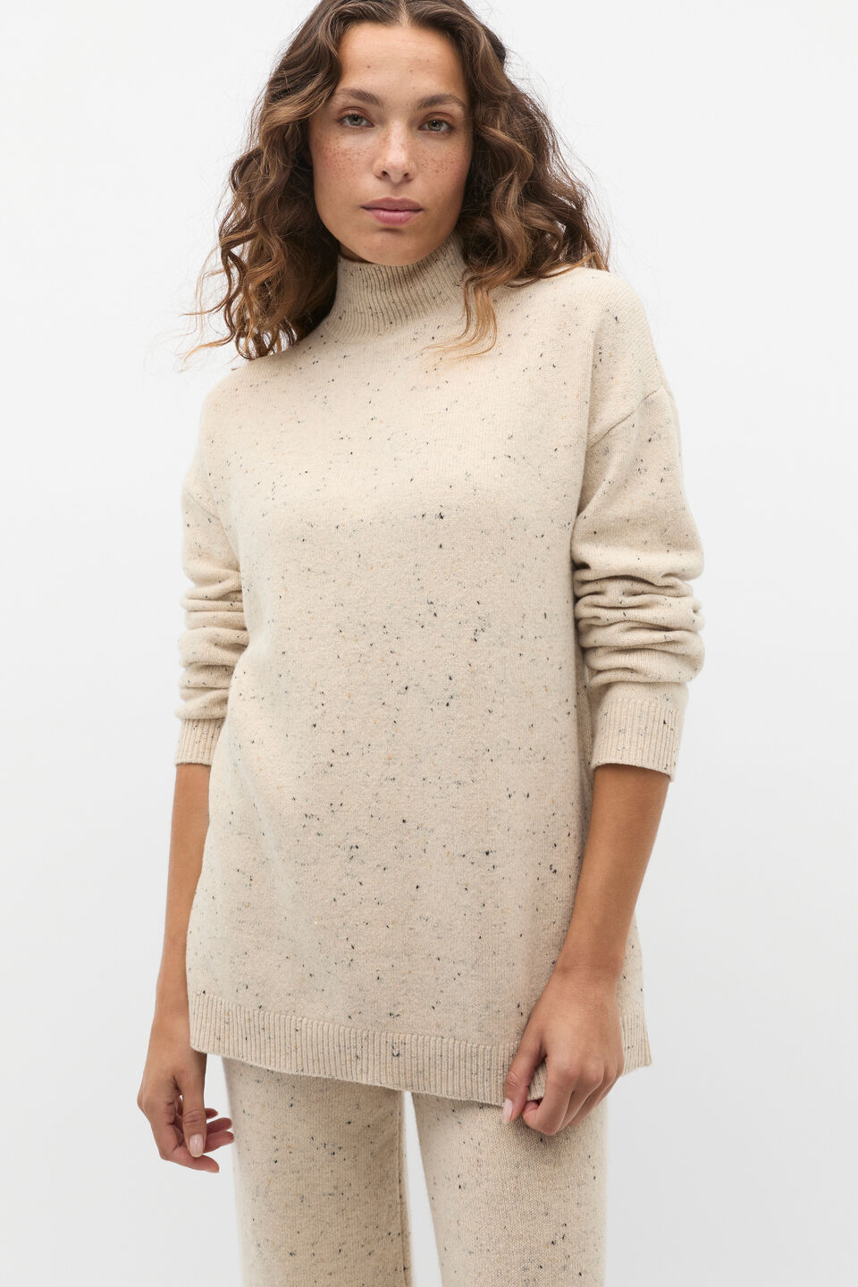 Fleck Mock Neck Slouch Knit  Latte Fleck