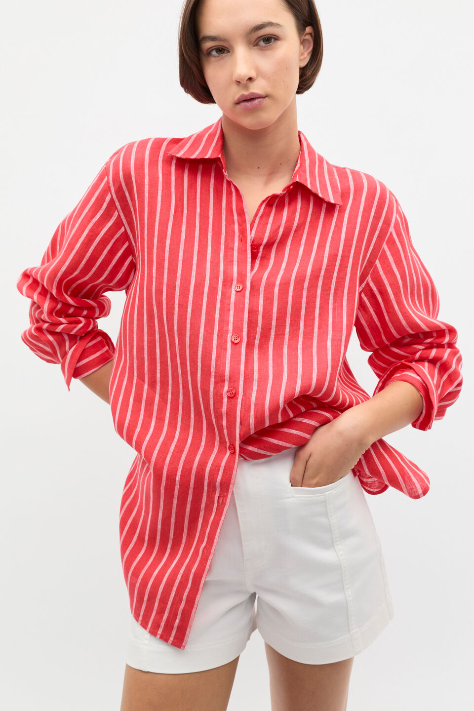 Linen Oversized Shirt  Electric Crimson Stripe
