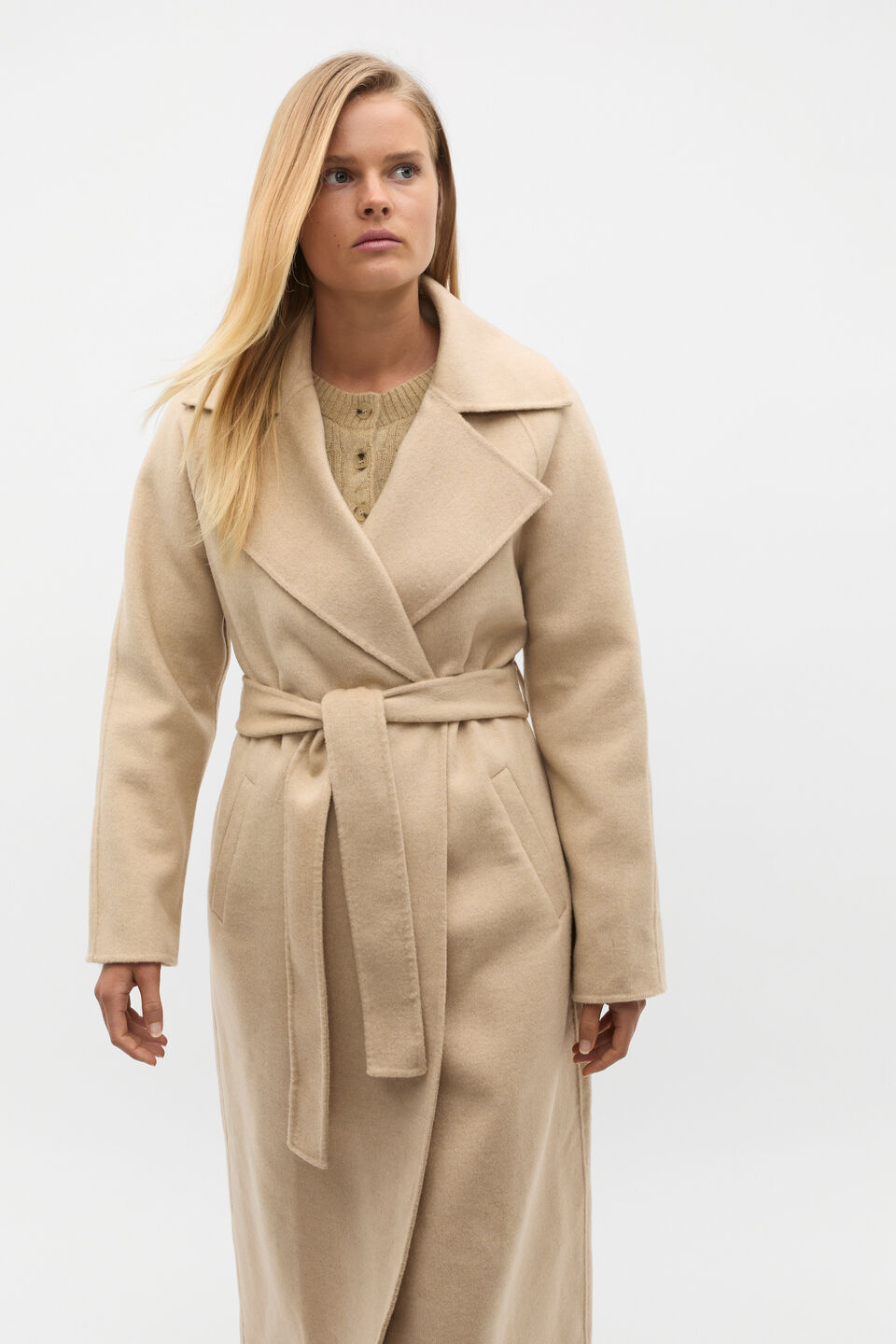 Wool Blend Tie Coat  Latte Marle