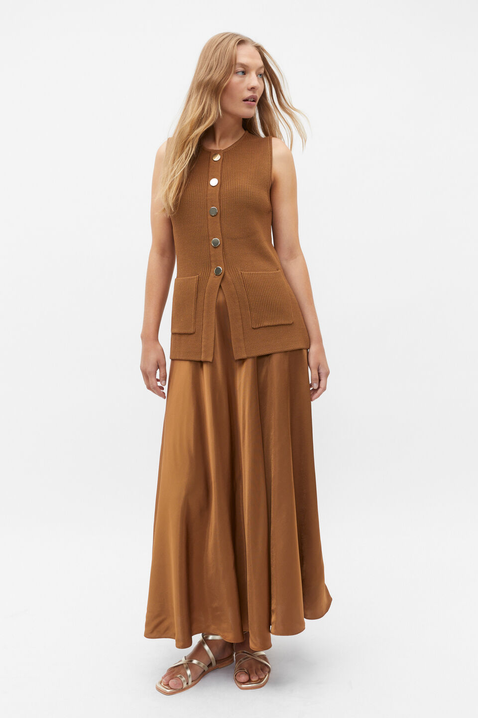 Crepe Rib Button Down Vest  Cinnamon Spice