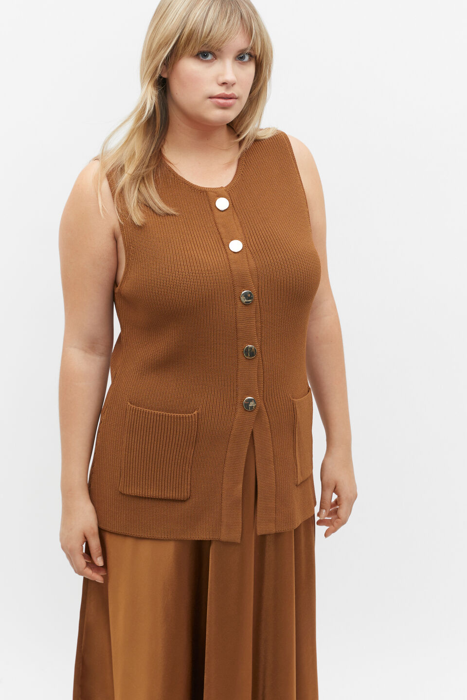 Crepe Rib Button Down Vest  Cinnamon Spice