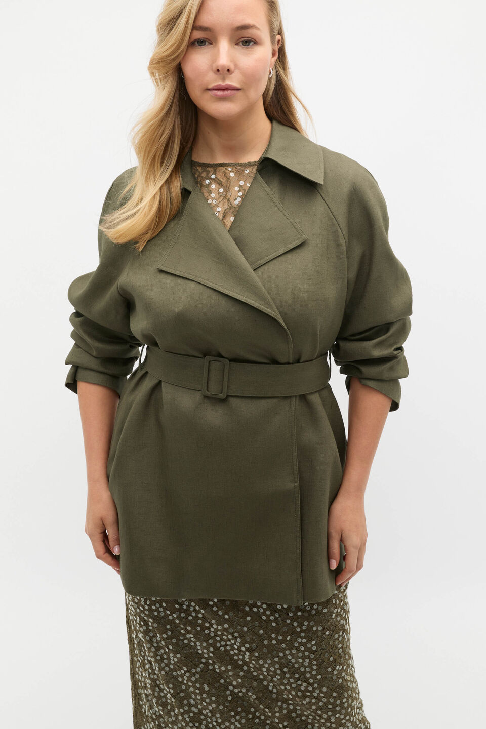 Linen Crop Trench Coat  Olive Leaf