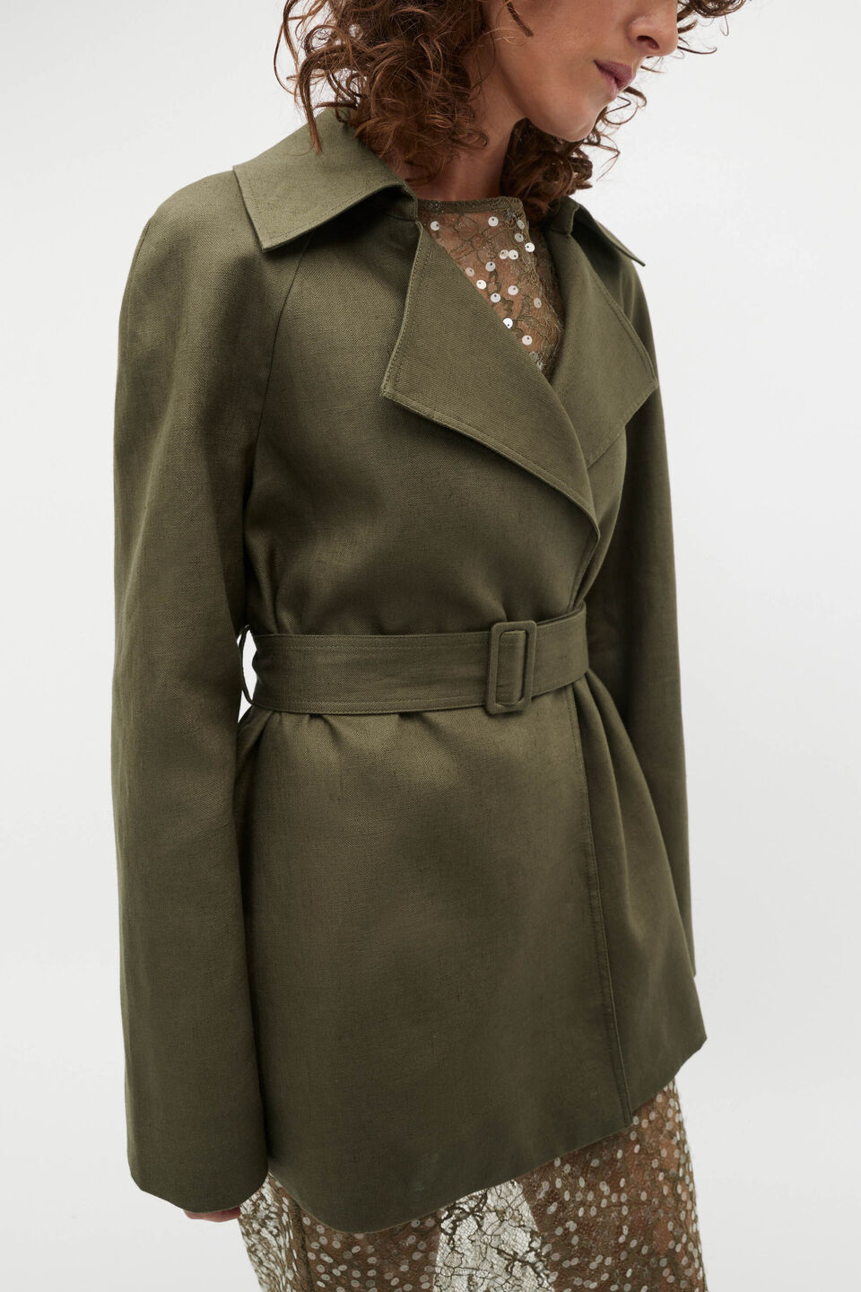 Linen Crop Trench Coat  Olive Leaf