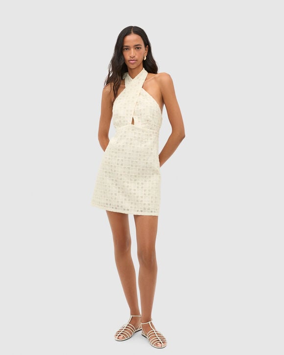 Tile Embroidery Halter Mini Dress  Coconut Cream  hi-res