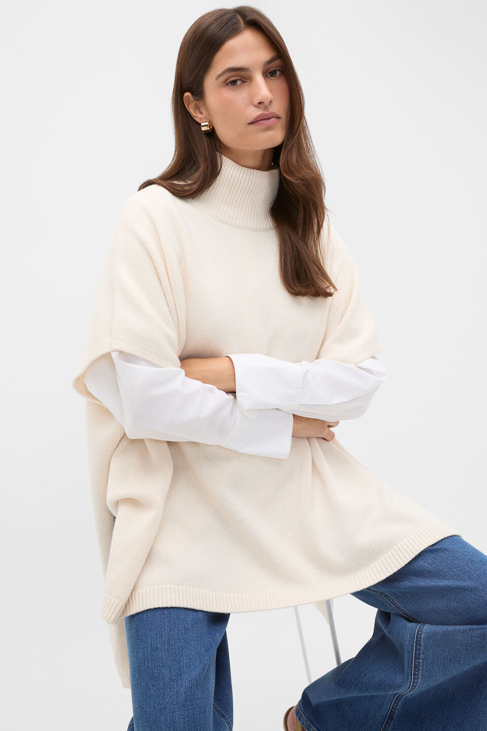Rib Detail Poncho  Coconut Cream