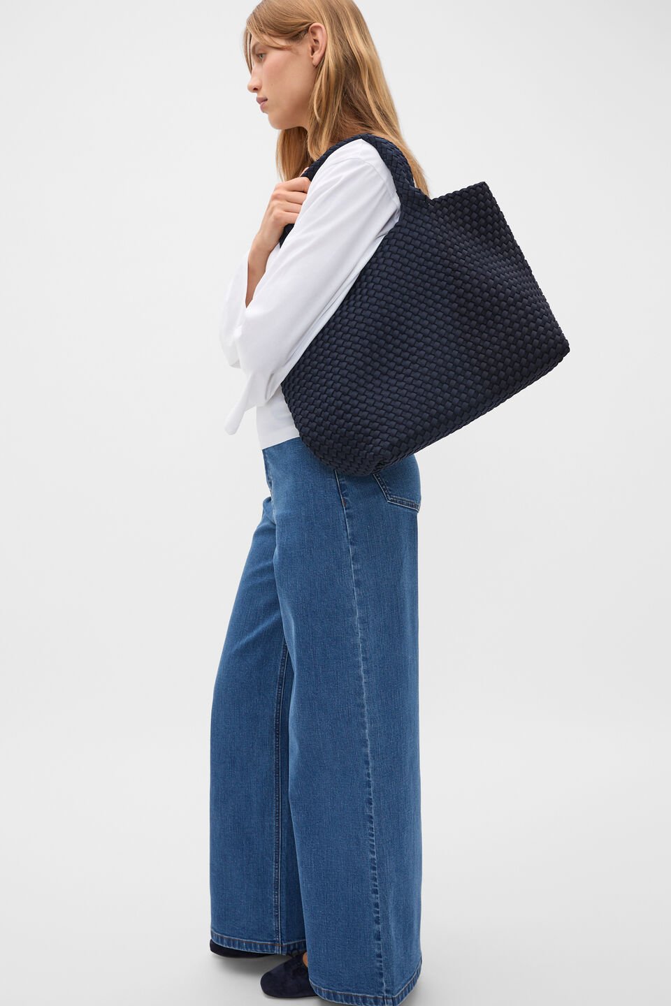 Woven Textured East West Tote  Twilight Blue