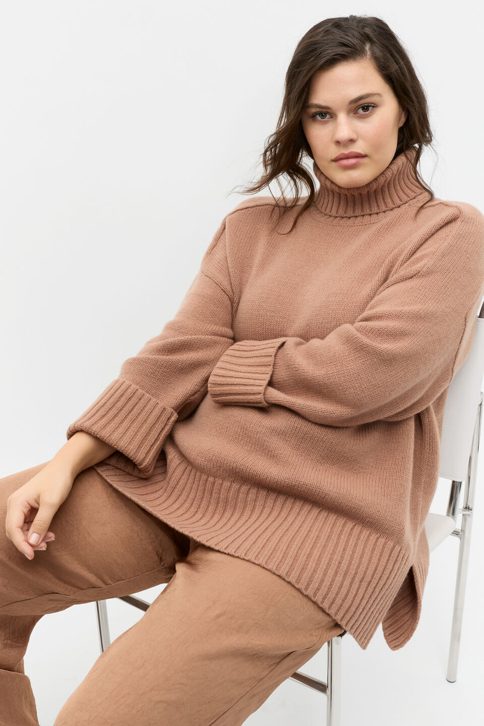 Merino Wool Roll Neck Side Split Knit  Amaretto