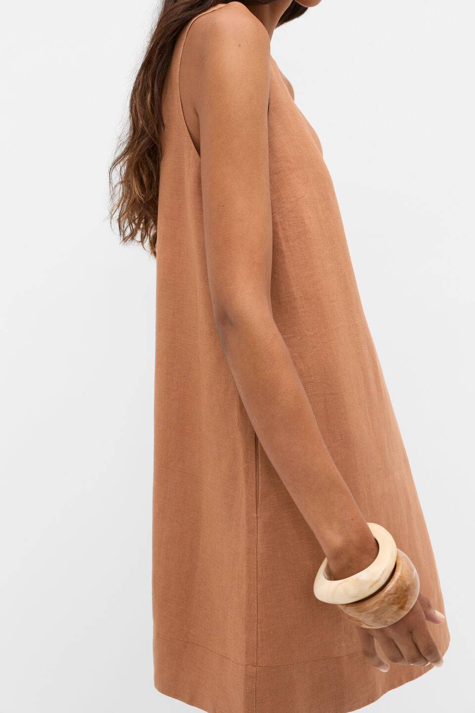 Linen V Neck Mini Dress  Copper
