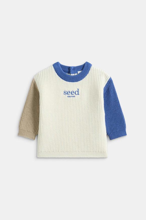 Colourblock Knit Sweater  Mid Blue  hi-res