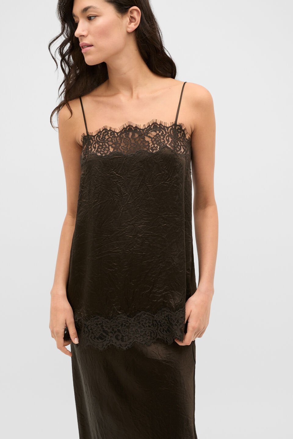 Crinkled Satin Lace Square Neck Cami  Coffee Bean