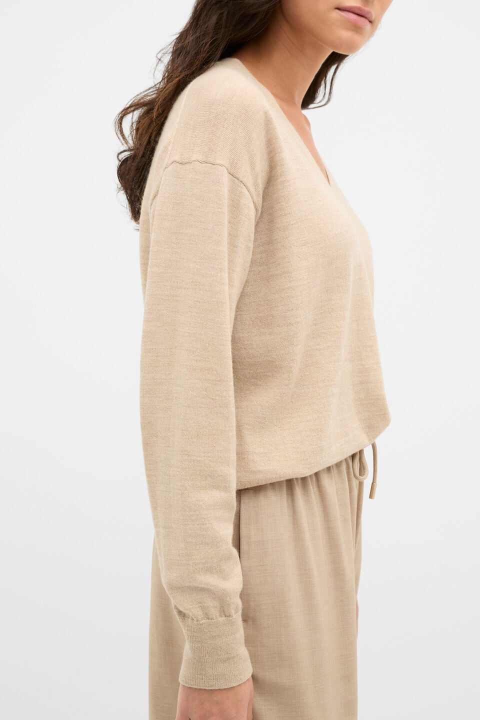 Australian Merino V Neck Knit  Sandstone Marle
