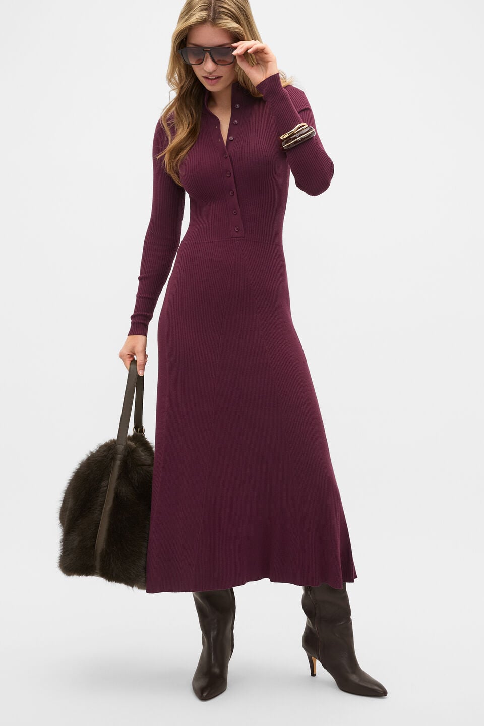 Button Down Mock Neck Knit Dress  Plum Red