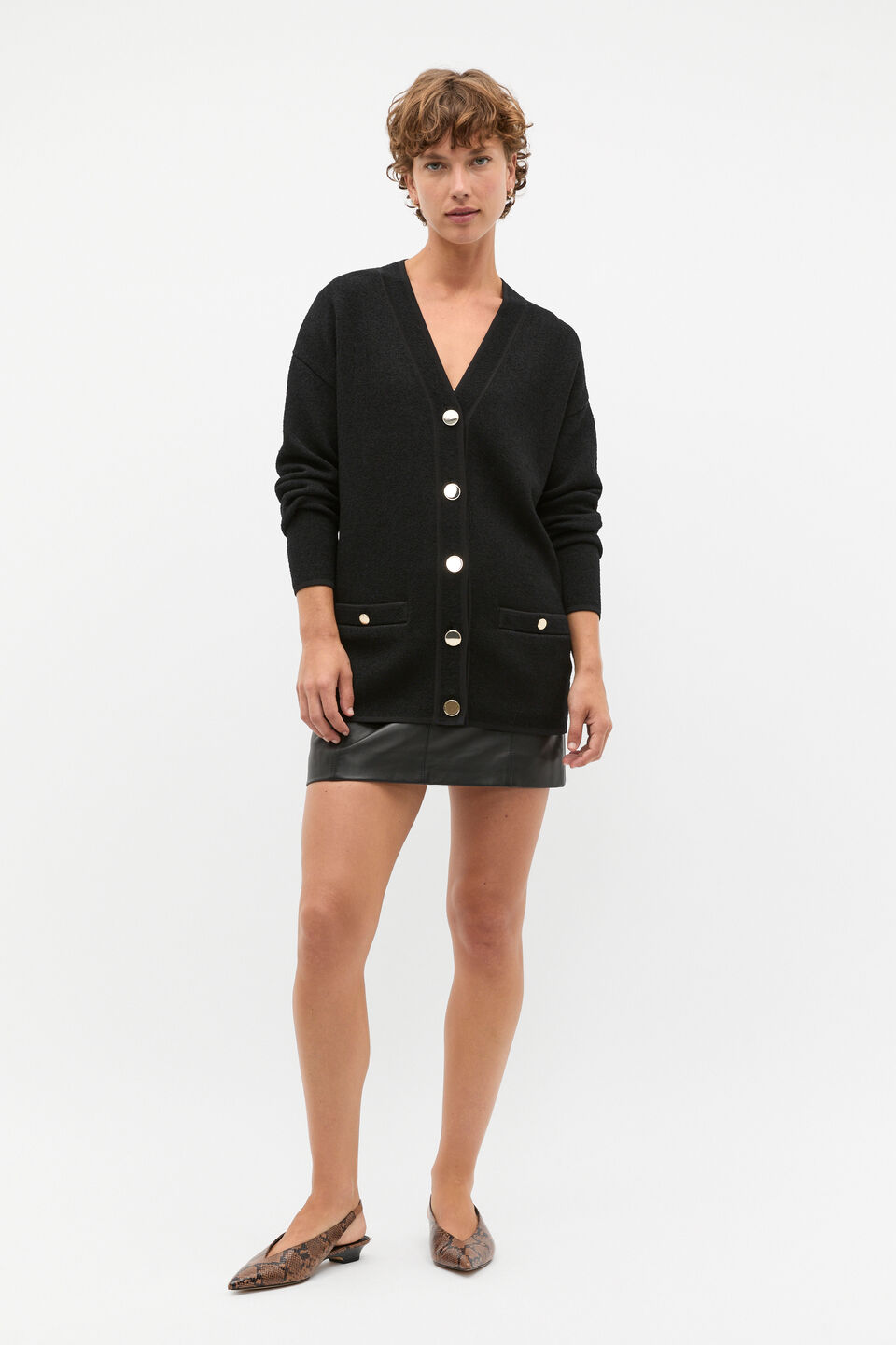 Boucle Knit Pocket Slouch Cardigan  Black
