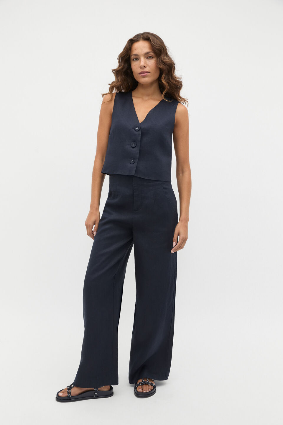 Linen V Neck Button Shell  Twilight Blue