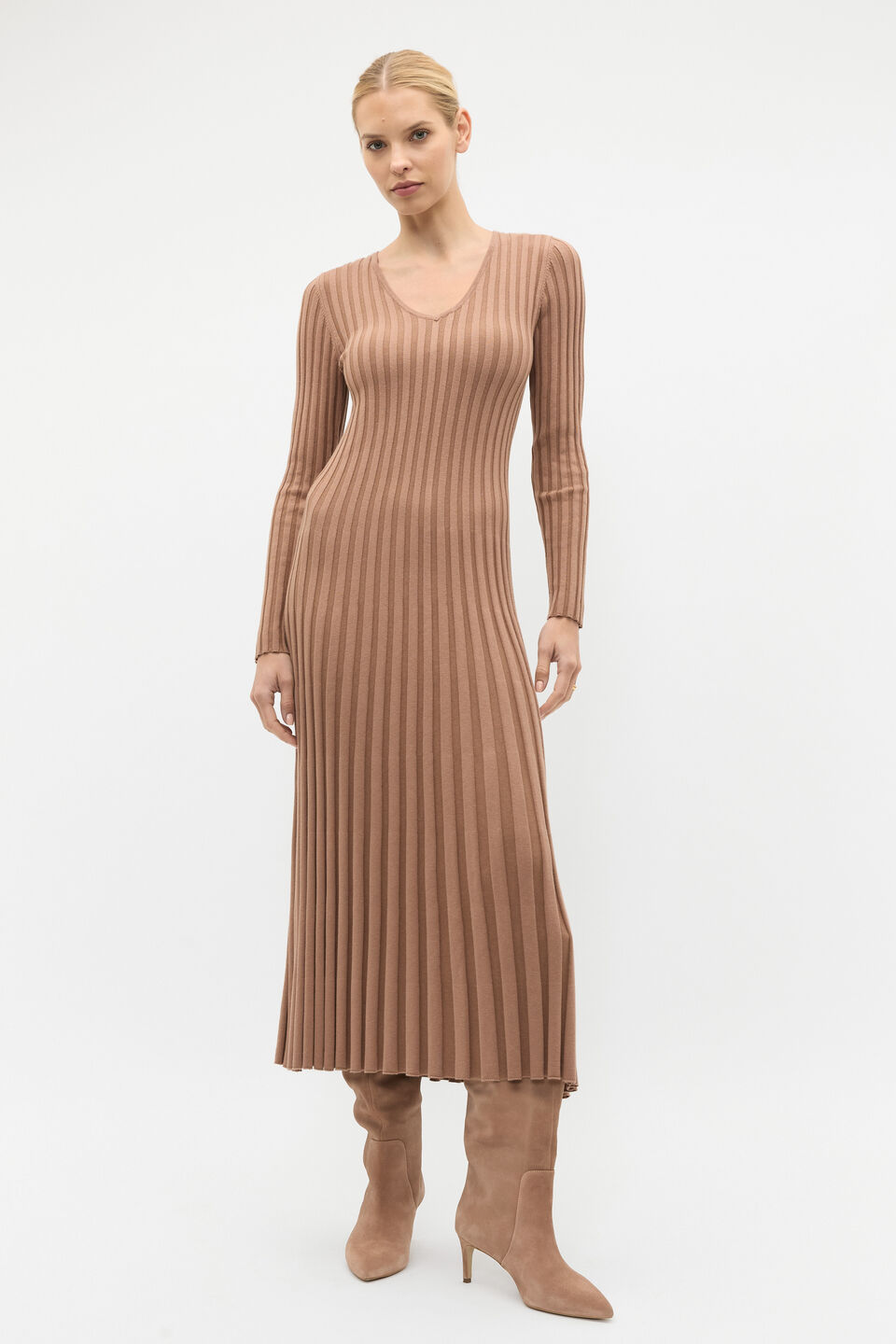 Pleated V Neck Knit Dress  Amaretto