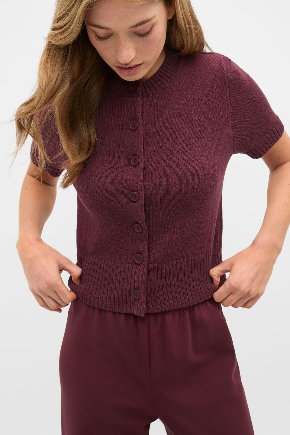 Textured Cotton Blend Cardigan  Plum Red