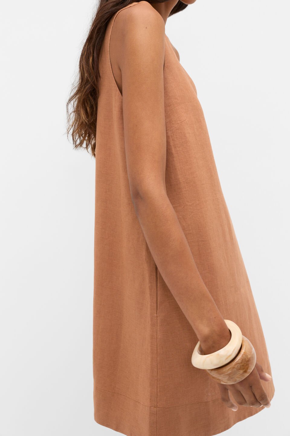 Linen V Neck Mini Dress  Copper
