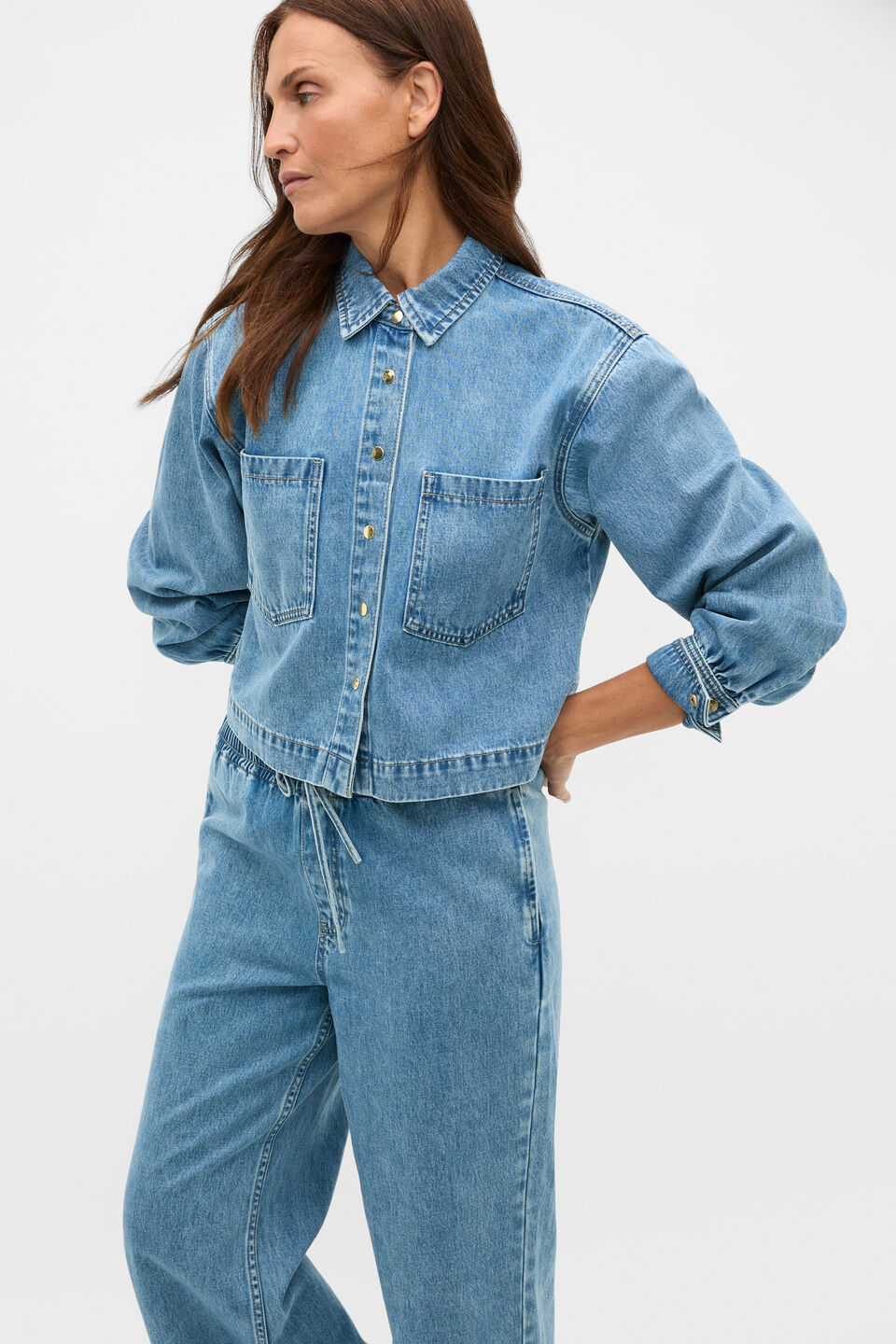 Denim Cropped Pocket Shirt  Mist Blue Wash