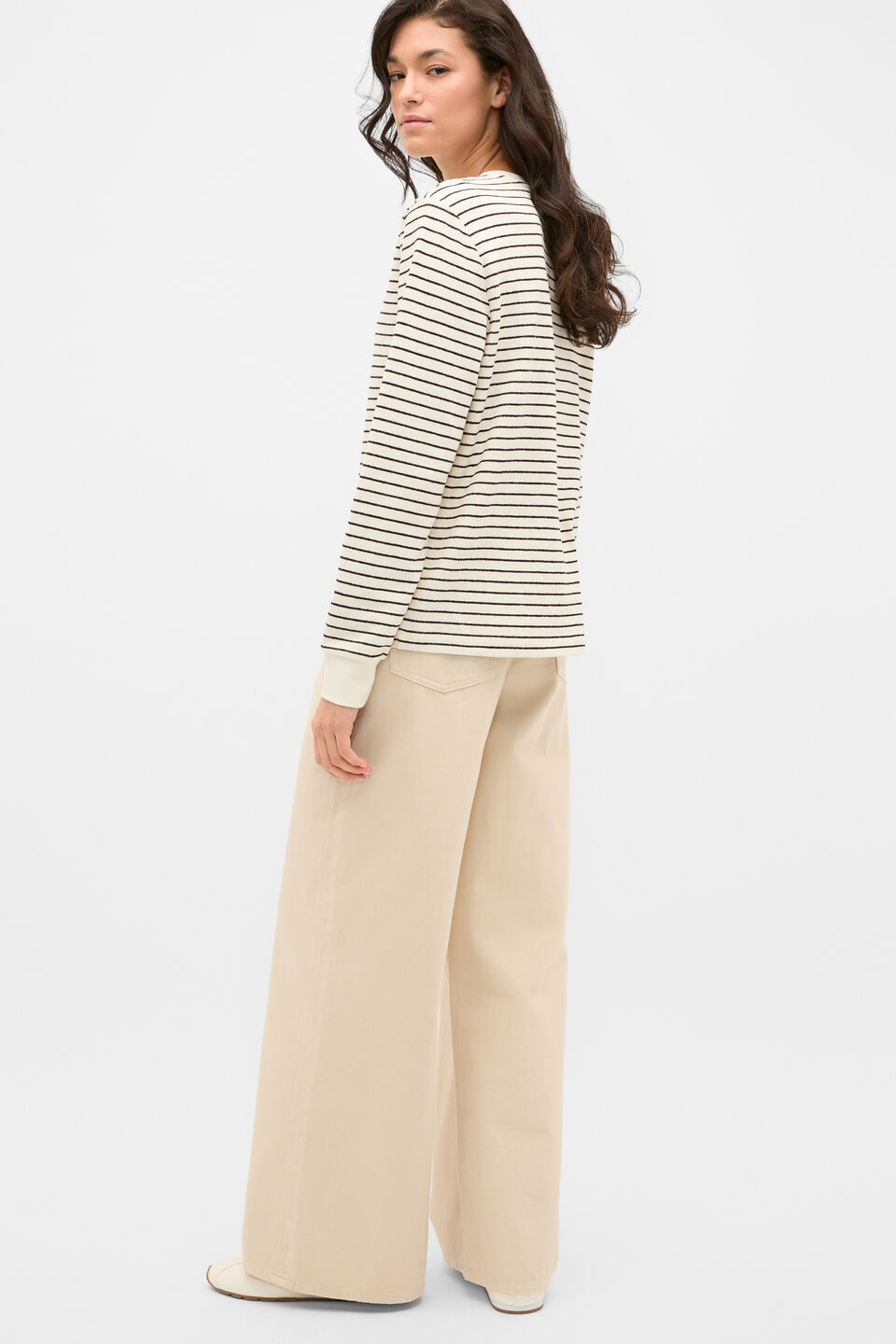 Textured Long Sleeve Relaxed Top  Coffee Bean Stripe