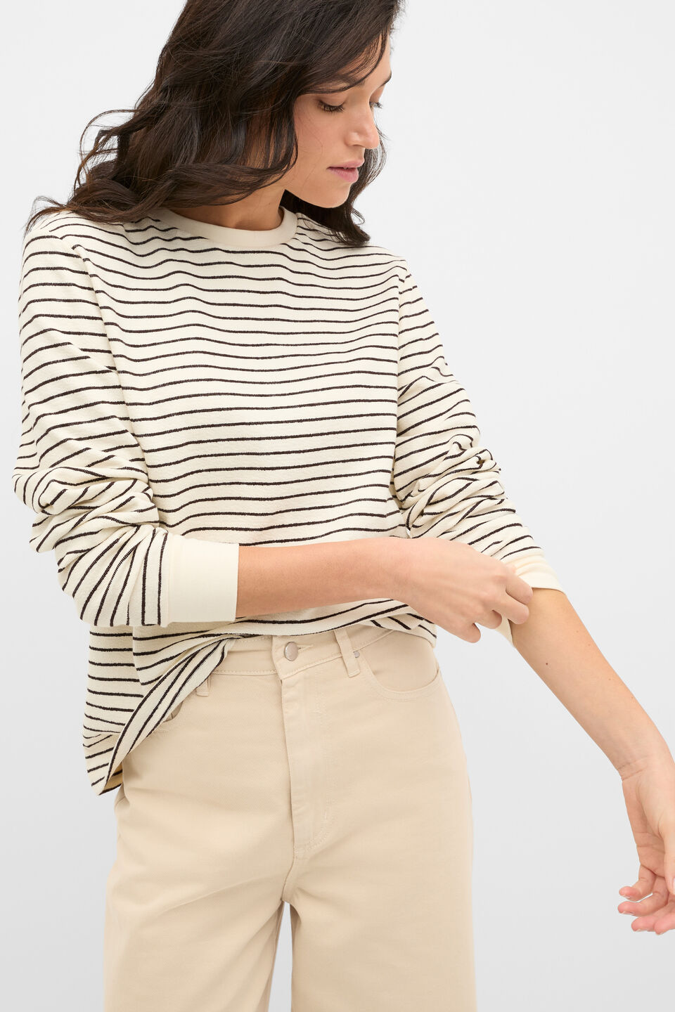 Textured Long Sleeve Relaxed Top  Coffee Bean Stripe
