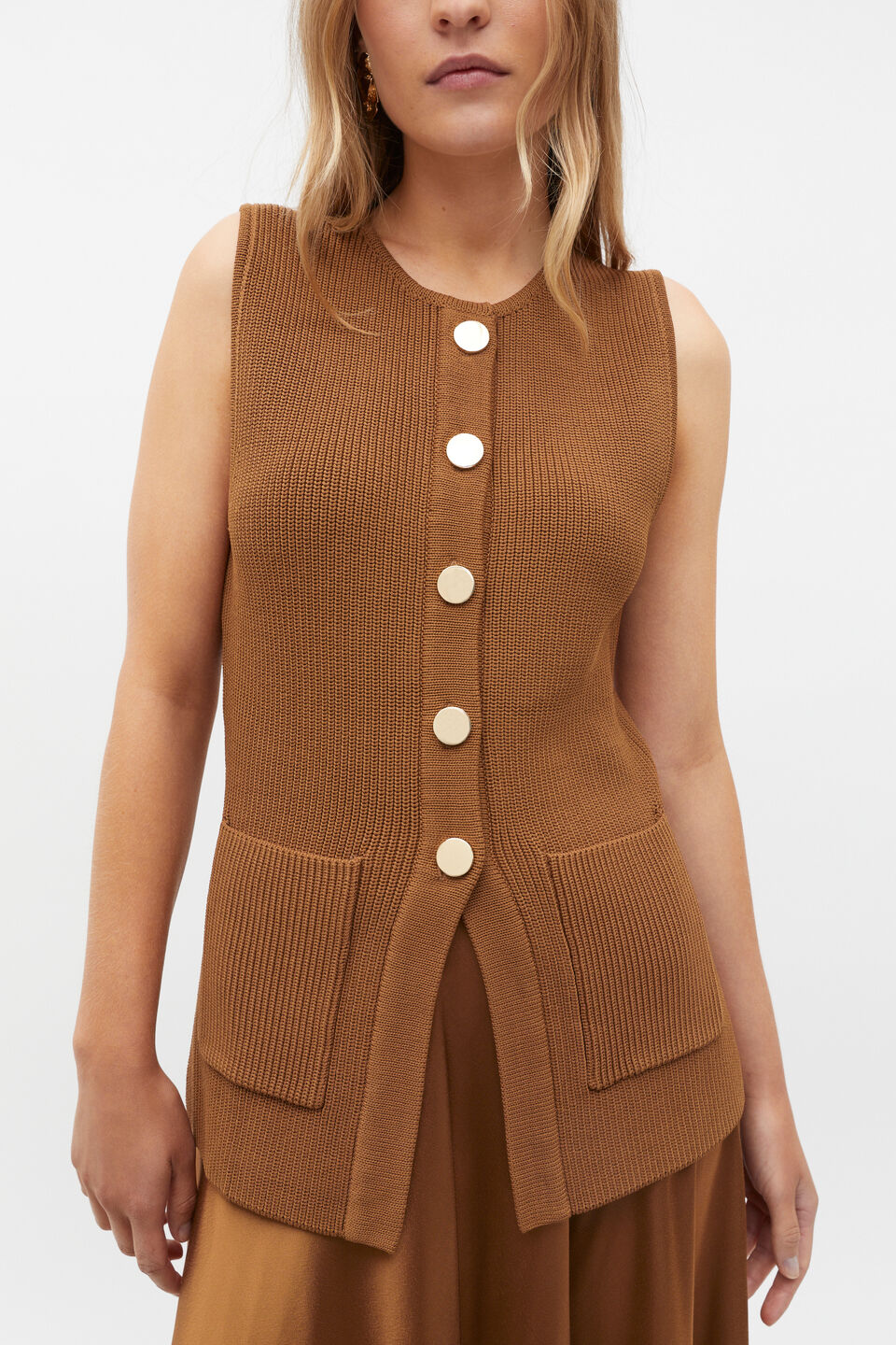 Crepe Rib Button Down Vest  Cinnamon Spice