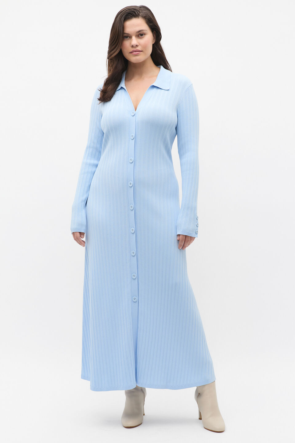 Crepe Ribbed Polo Midi Dress  Ice Blue