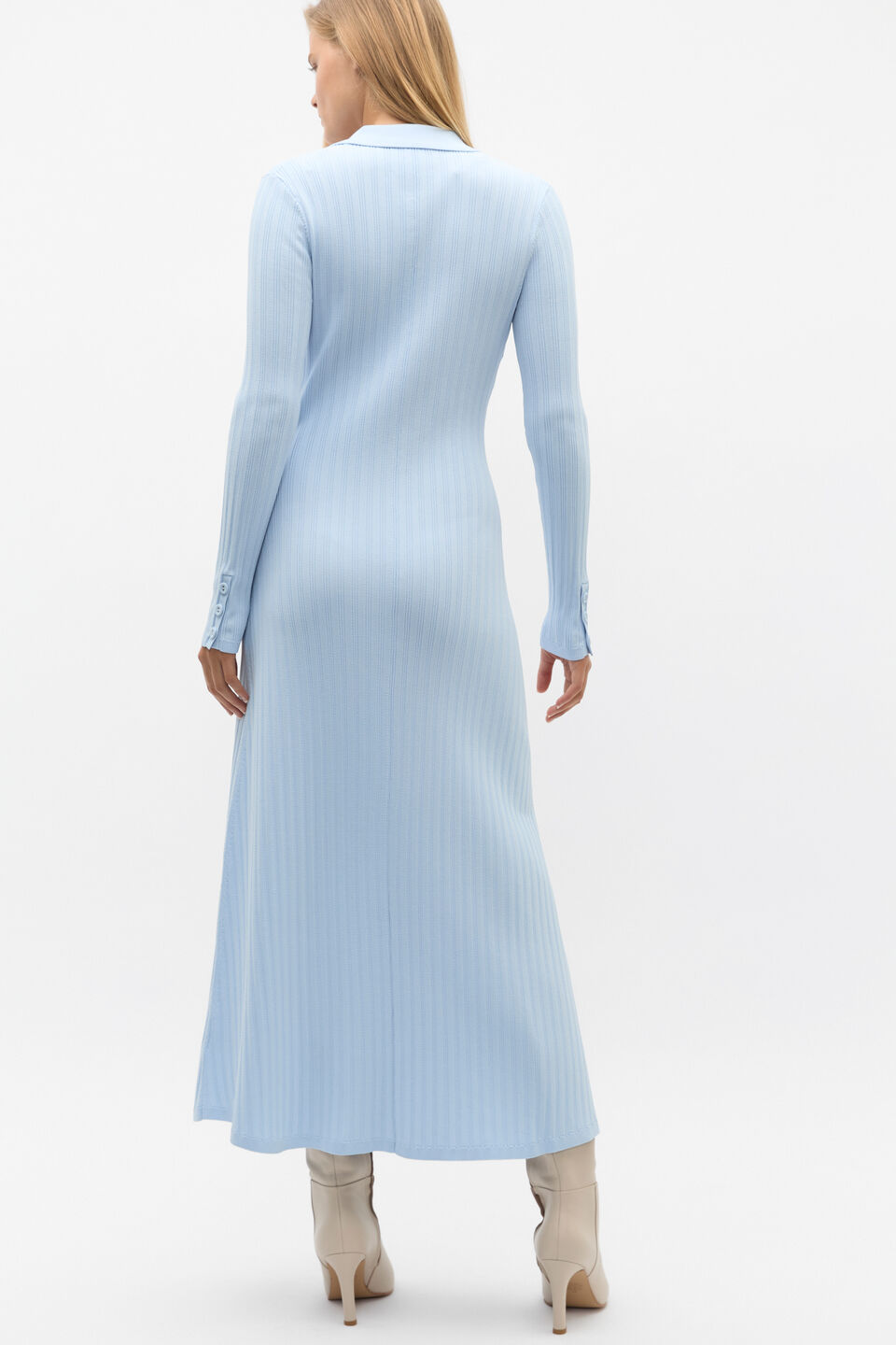 Crepe Ribbed Polo Midi Dress  Ice Blue