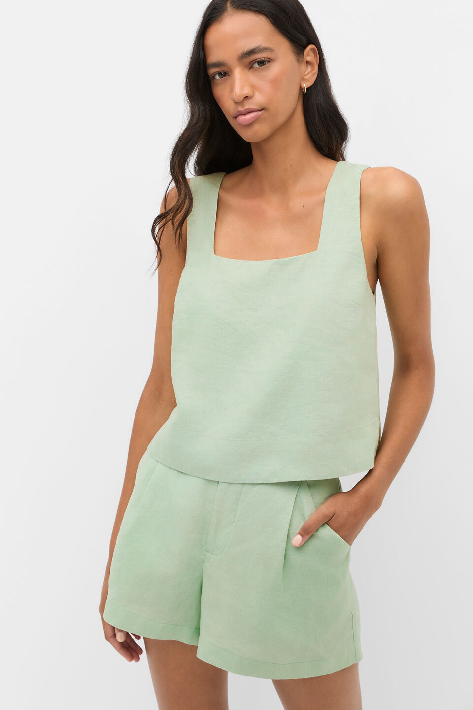 Square Neck Linen Shell Top  Eucalyptus
