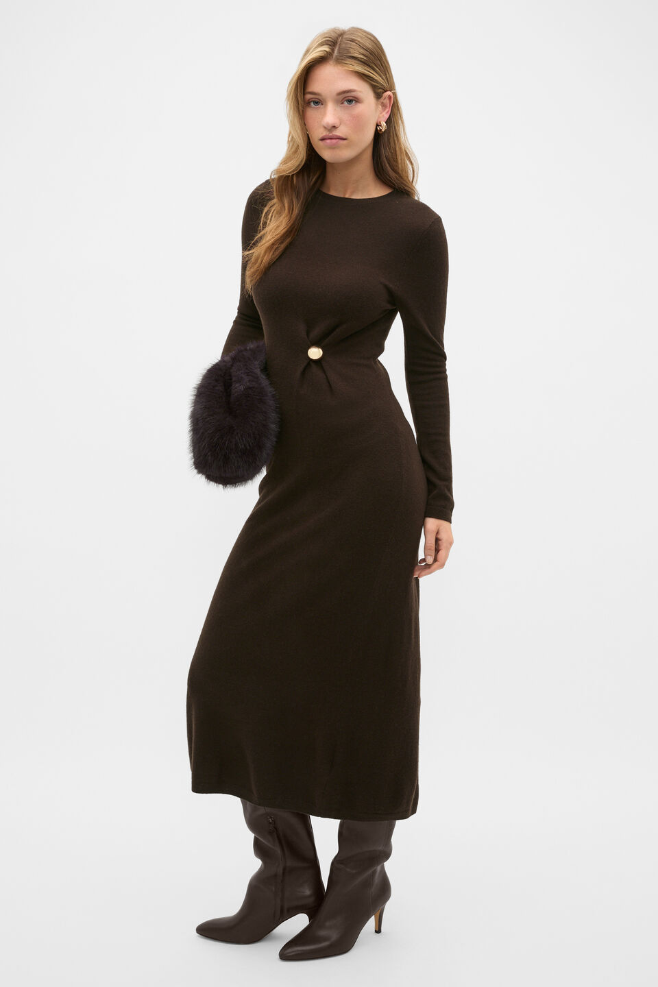 Clasp Detail Knit Dress  Coffee Bean