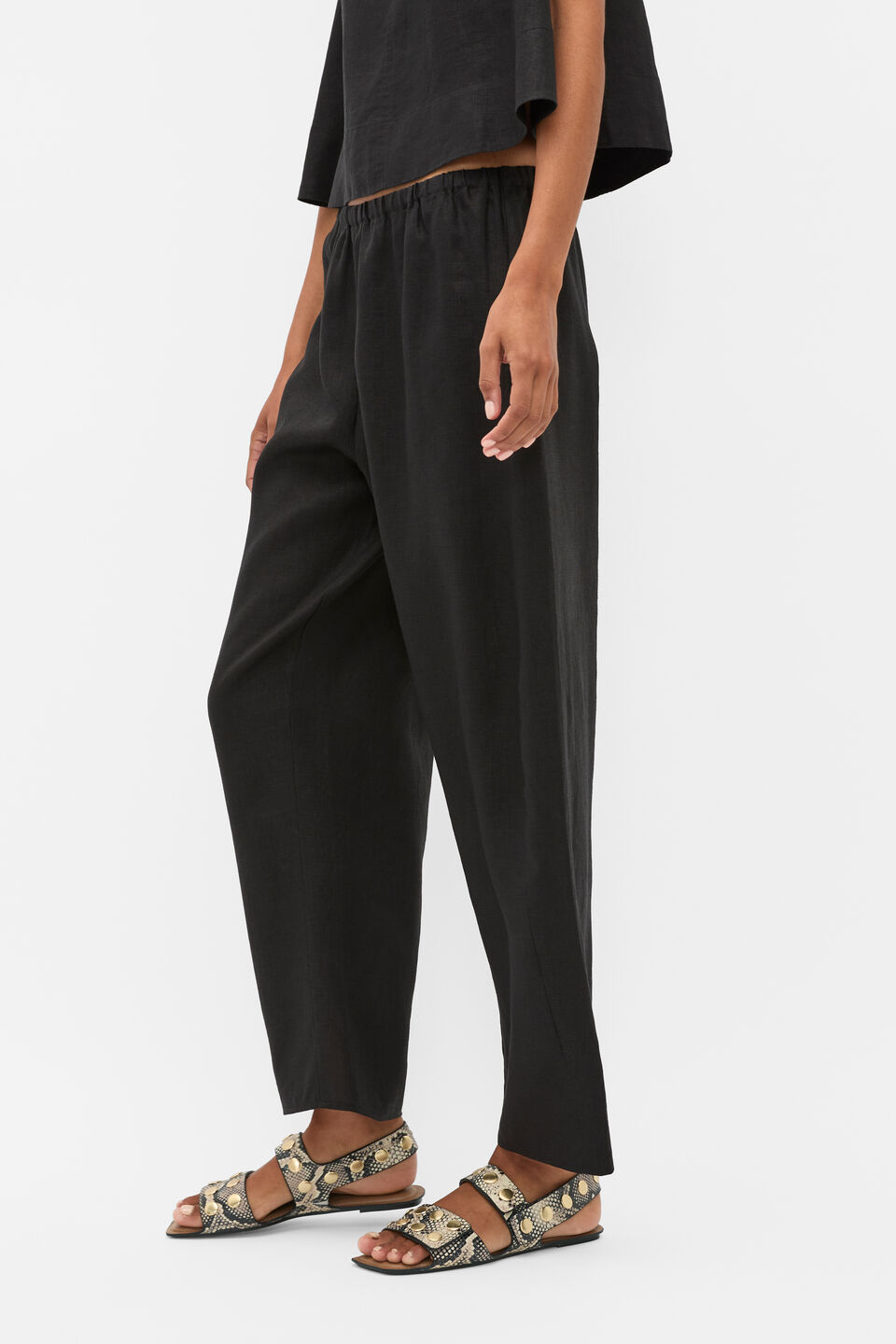 Linen Barrel Leg Elasticated Pant  Black
