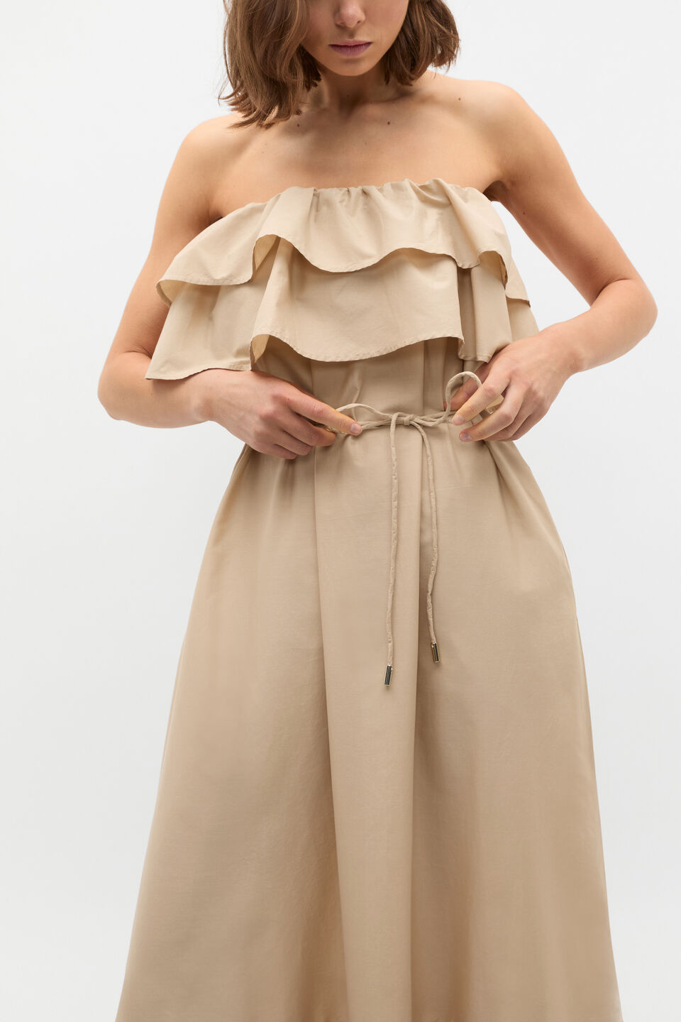 Voile Strapless Ruffle Maxi Dress  Iced Latte