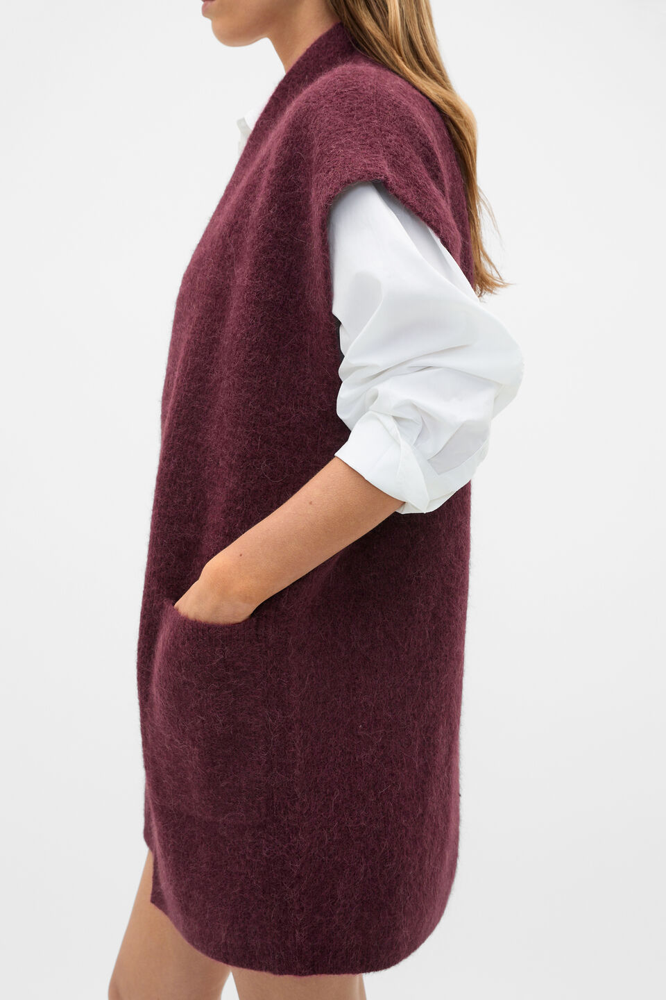 Rib Knit Mid Length Poncho  Plum Red