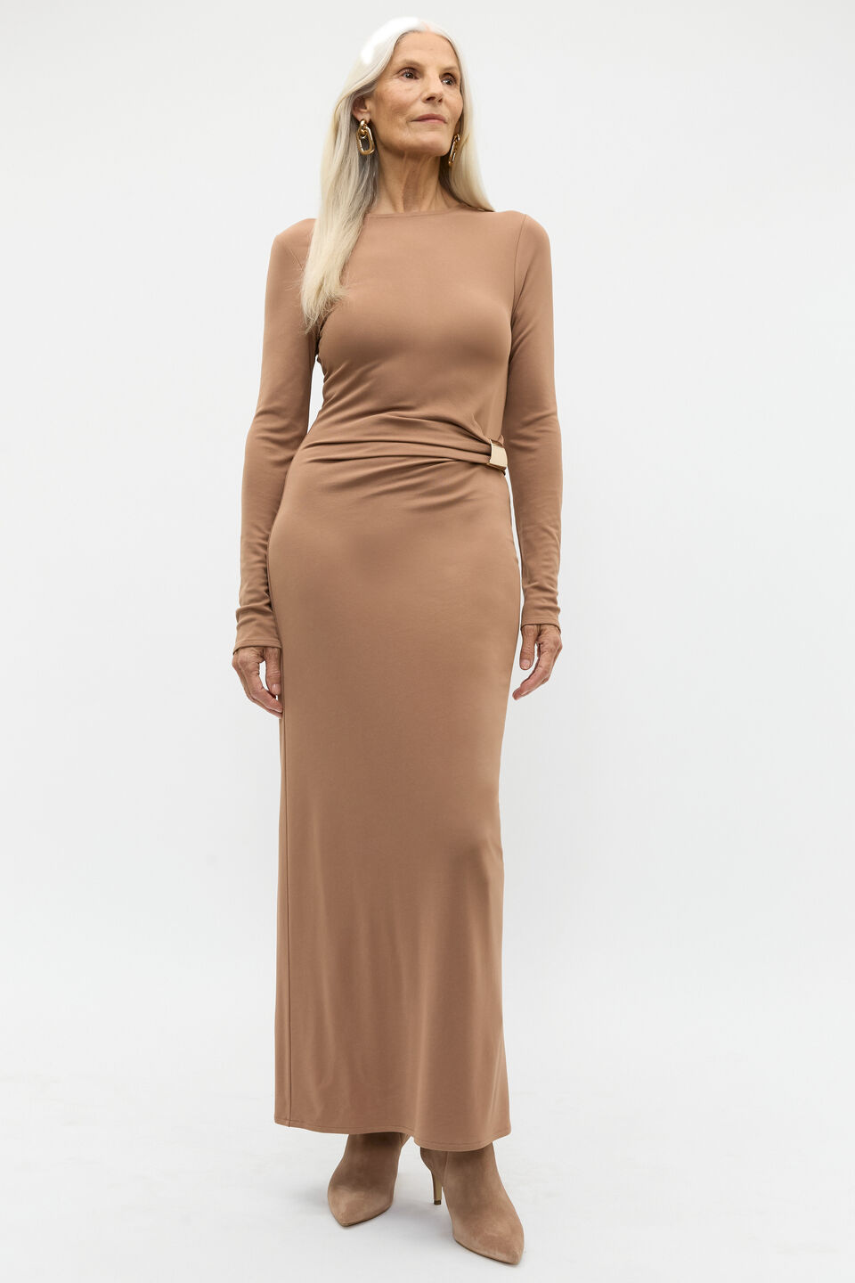 Long Sleeve Ruched Side Dress  Amaretto