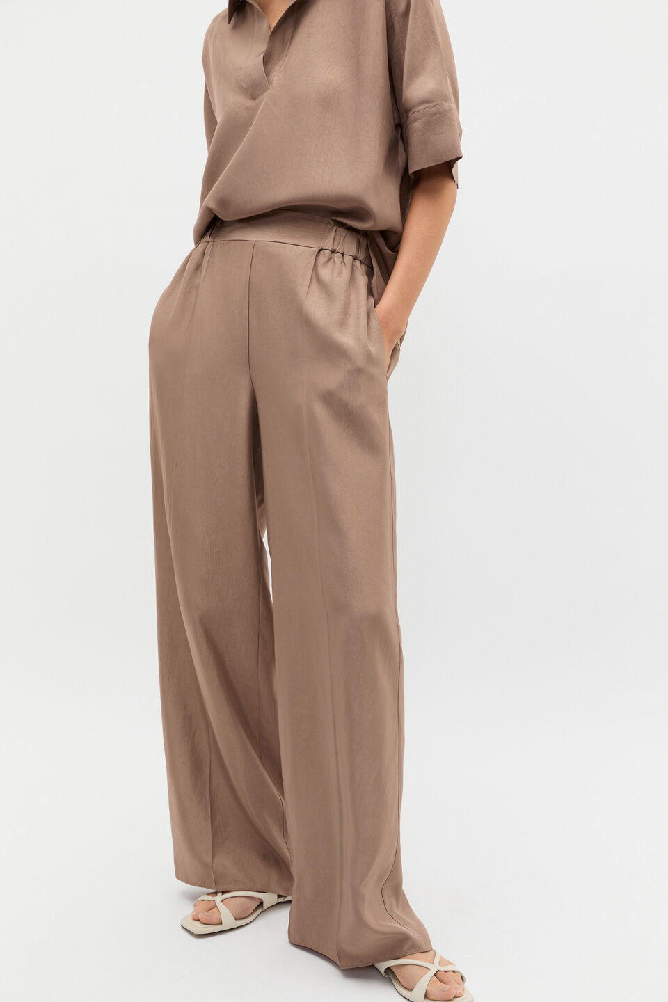 Crinkled Satin Palazzo Pant  Nutmeg